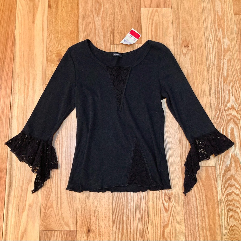 Vintage Y2K Top Dark Fairycore Whimsygoth Lace Sleeve Deadstock 2000s Eyeshadow
